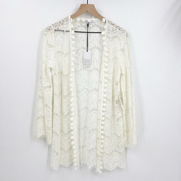 NWT Loveriche White Eyelash Lace Pom Pom Boho Cardigan Topper Small Festival - Picture 1 of 6